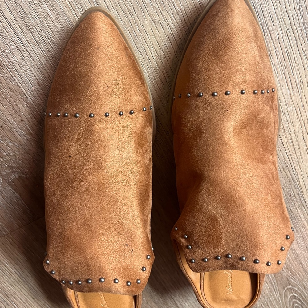 Women's Suede Mule Slides in Tan with Stud Detail